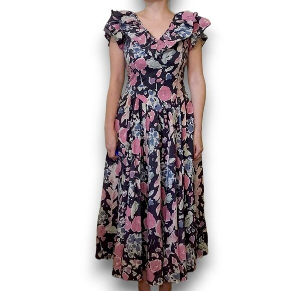 Vintage Floral Laura Ashley Ruffle Midi Dress - Picture 3 of 12